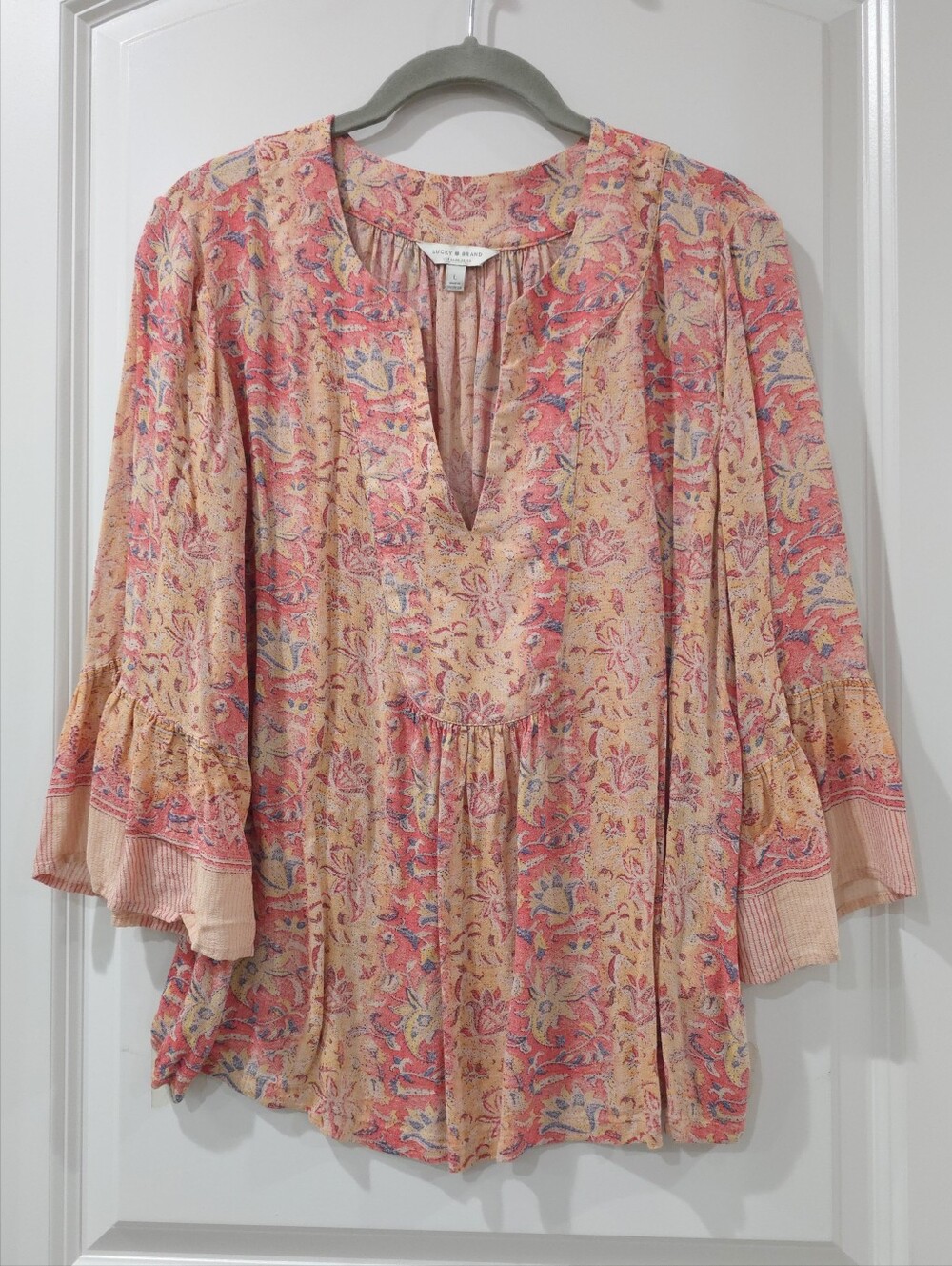 Lucky Brand Boho Peach Pink Coral Floral V-Neck Tunic Bell Sleeves Lightweight